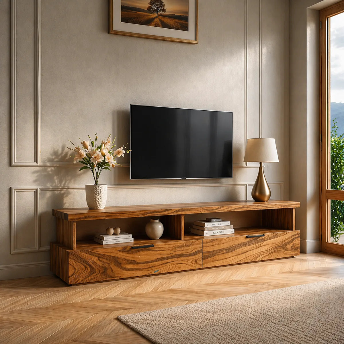 Modern Wood TV Stand with Open Shelves and 2 Drawers