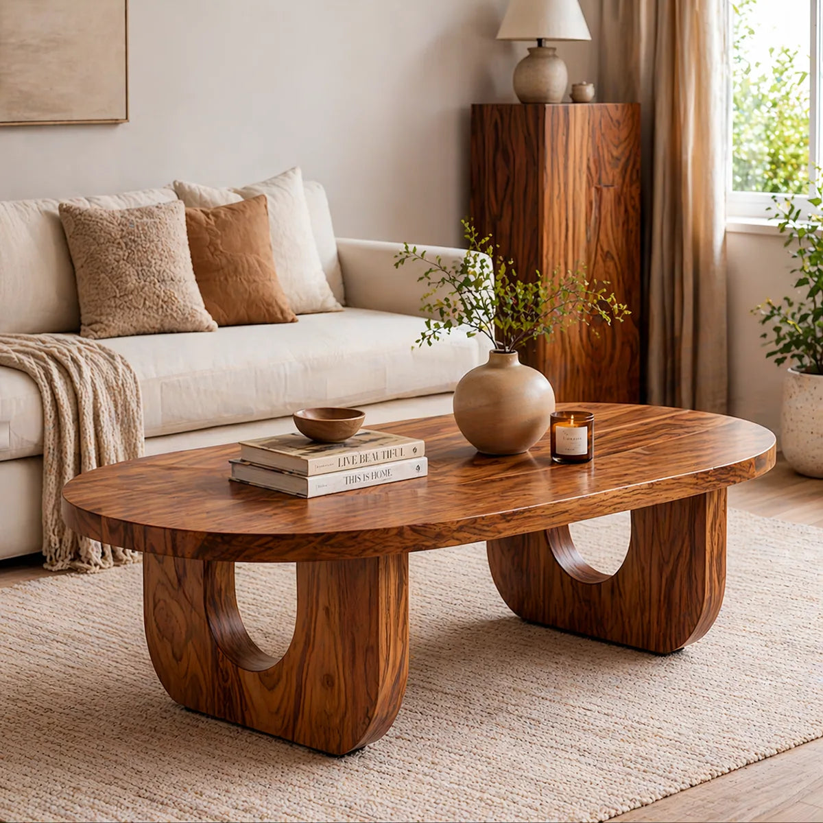 Modern Solid Wood Oval Coffee Table with Sculptural Cutout Legs