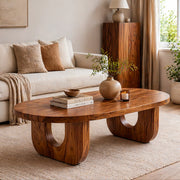 Modern Solid Wood Oval Coffee Table with Sculptural Cutout Legs