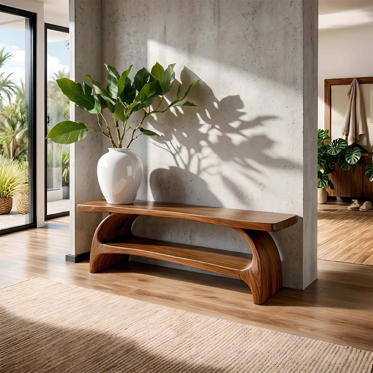 Handcrafted Solid Wood Entryway Bench with Sculptural Shelf for Modern Organic Interiors
