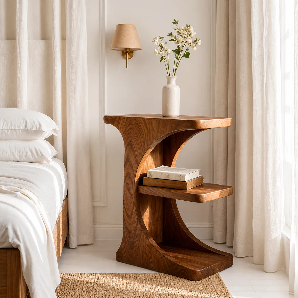 Sculptural Solid Wood Nightstand with Curved Open Shelf