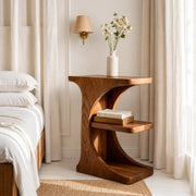 Sculptural Solid Wood Nightstand with Curved Open Shelf