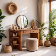 Scandinavian Solid Wood Vanity Desk with Mirror and Open Shelf Storage
