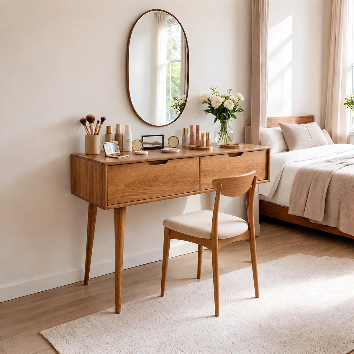 Minimalist Solid Wood Vanity Desk with Large Drawers and Oval Mirror