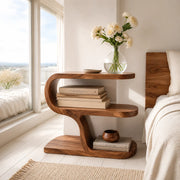Modern Sculptural Wooden Nightstand with Open Storage Shelves