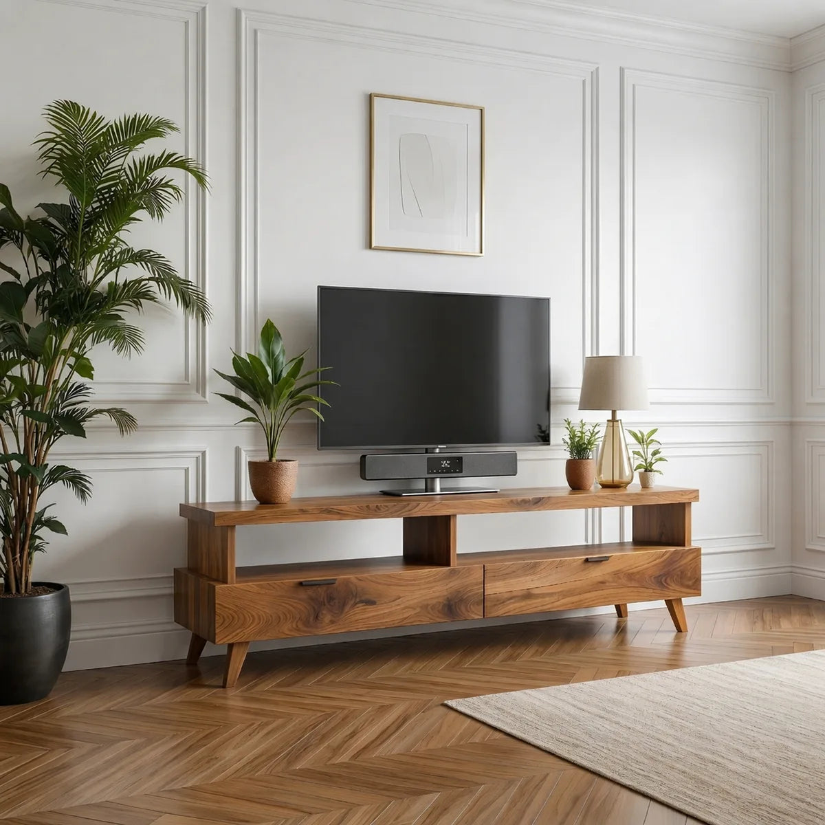 Minimalist TV Stand with Open Shelf and 2 Drawers