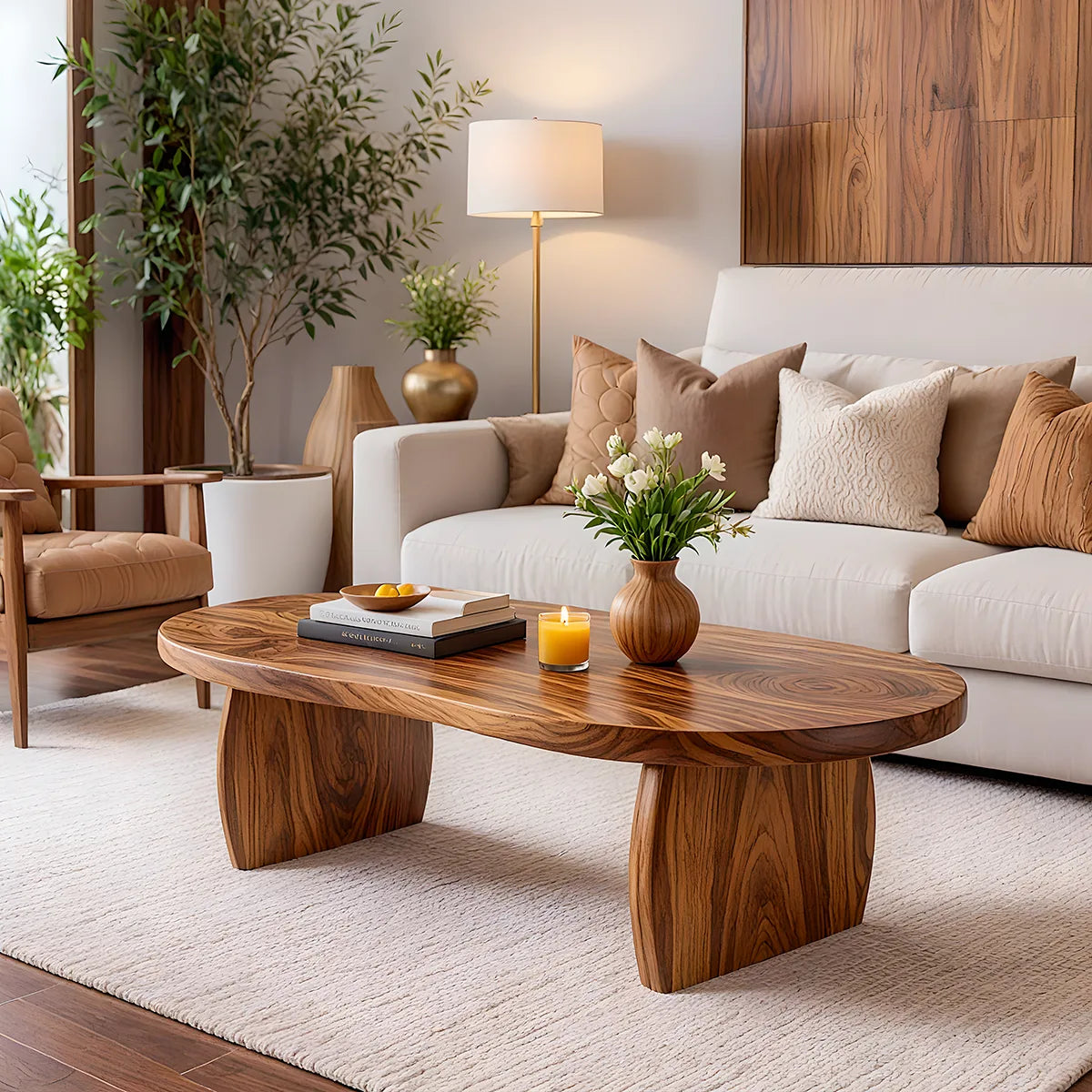 Modern Solid Wood Oval Coffee Table with Curved Slab Legs