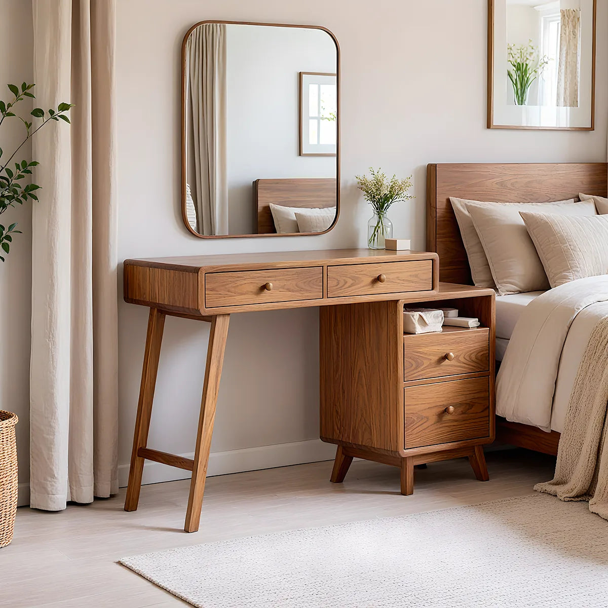 Mid-Century Solid Wood Vanity Desk with Side Cabinet Storage and Mirror