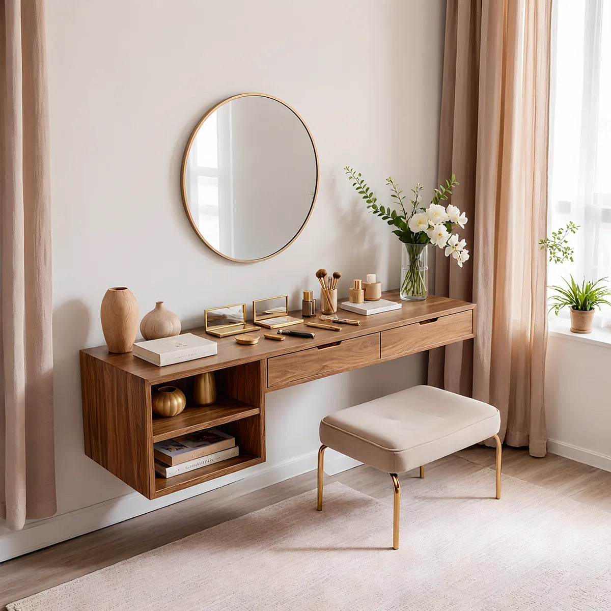 Floating Solid Wood Vanity Desk with Open Shelving and Storage Drawers