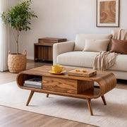 Mid Century Modern Solid Wood Curved Coffee Table with Storage