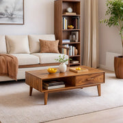 Mid Century Modern Solid Wood Rectangular Coffee Table with Storage