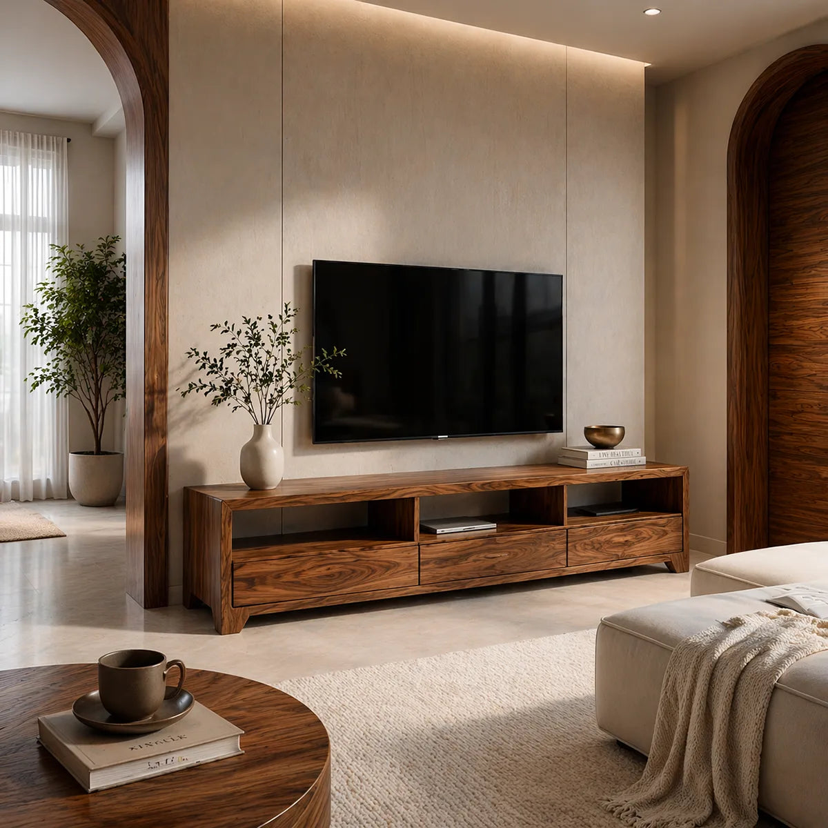 Minimalist Media Console with Open Shelves and 3 Drawers