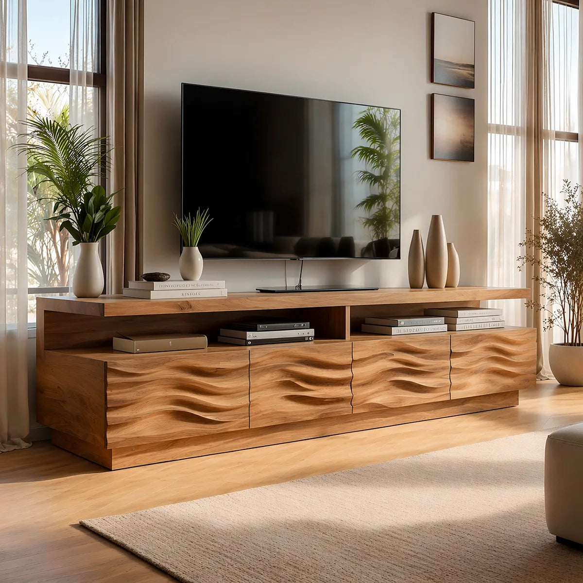 Wave Front TV Console with Open Shelves and 4 Drawers