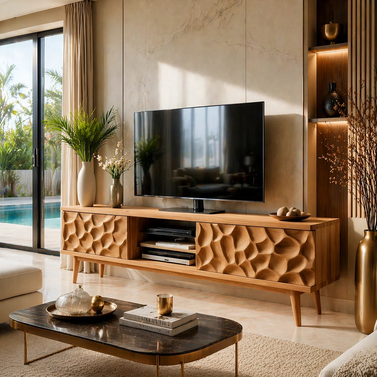 Sculpted Wood TV Stand with Open Center Shelves and Textured Doors