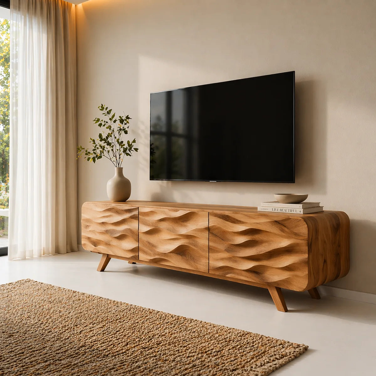 Carved Wave TV Cabinet with 3 Doors and Rounded Sides