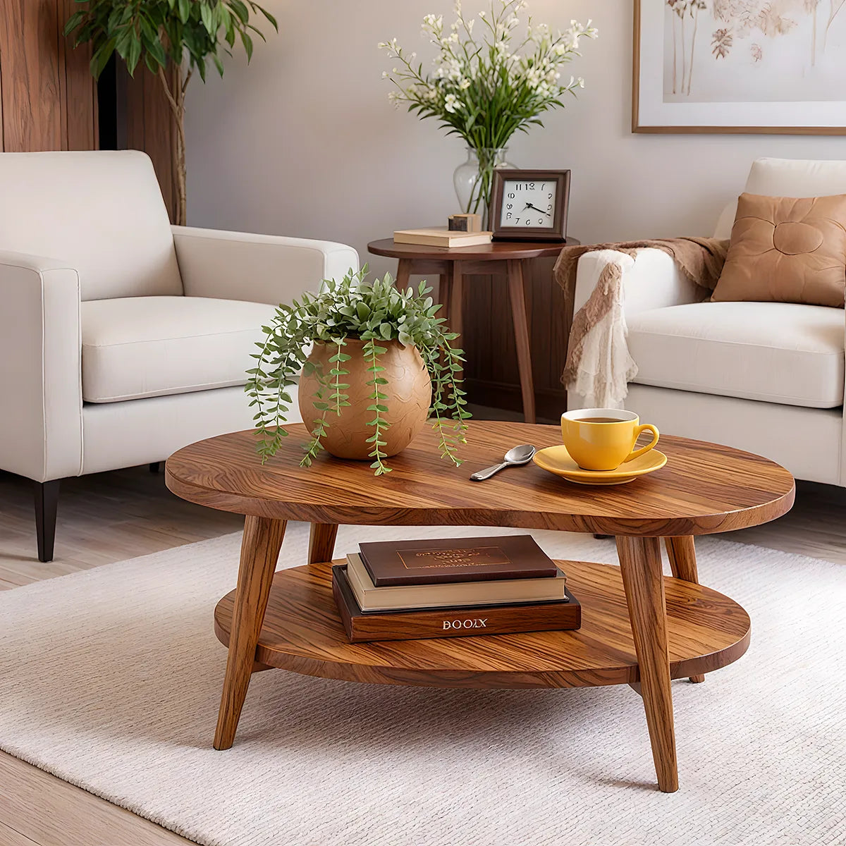 Mid Century Modern Solid Wood Two Tier Oval Coffee Table
