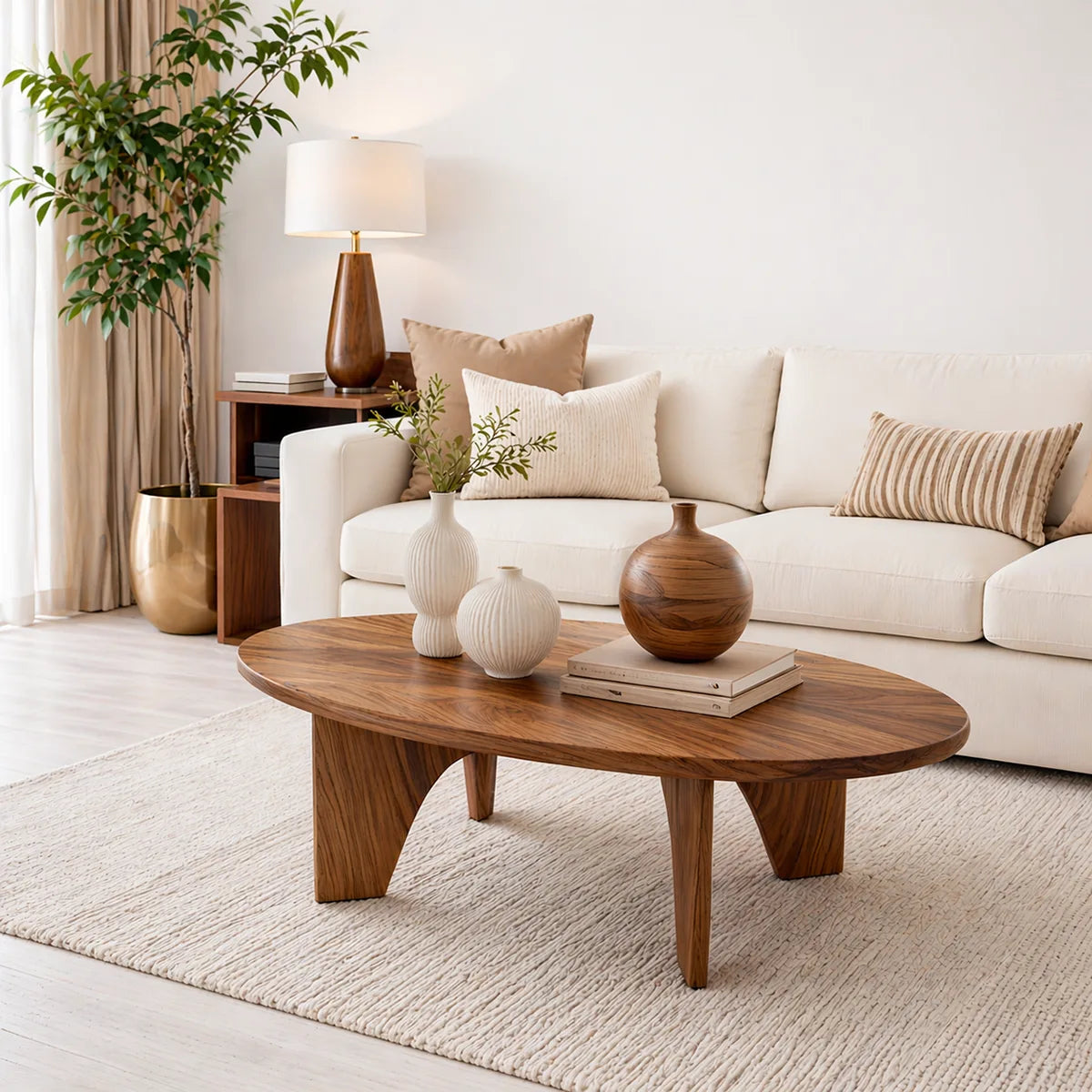 Modern Solid Wood Oval Coffee Table with Angled Slab Legs