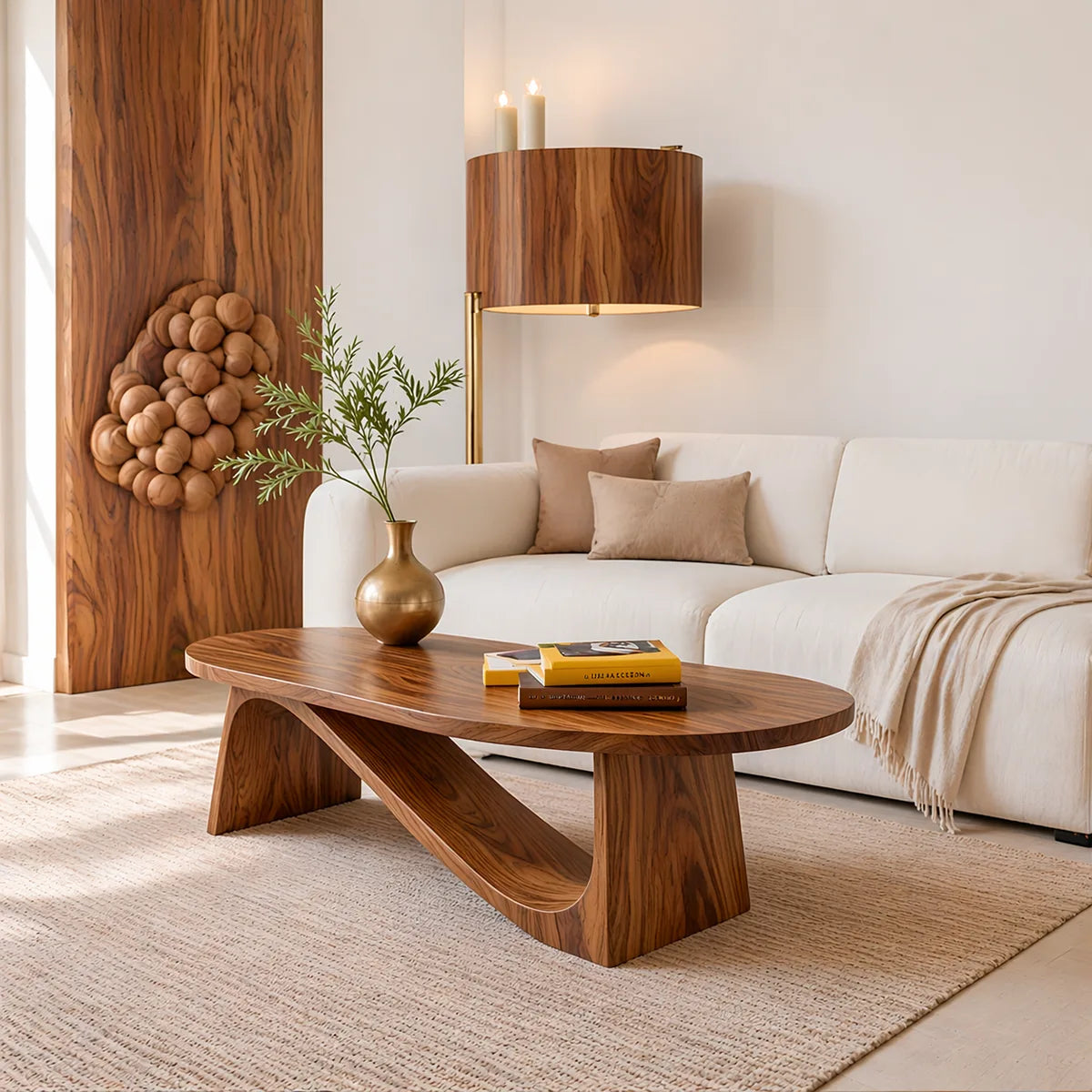 Modern Solid Wood Oval Coffee Table with Sculptural Sweeping Base