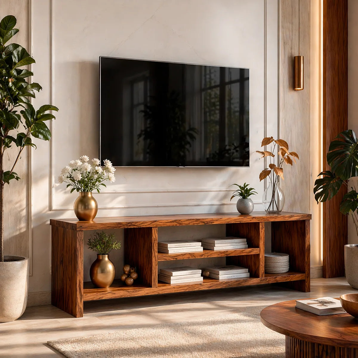 Modern Solid Wood Geometric TV Stand with Open Shelving