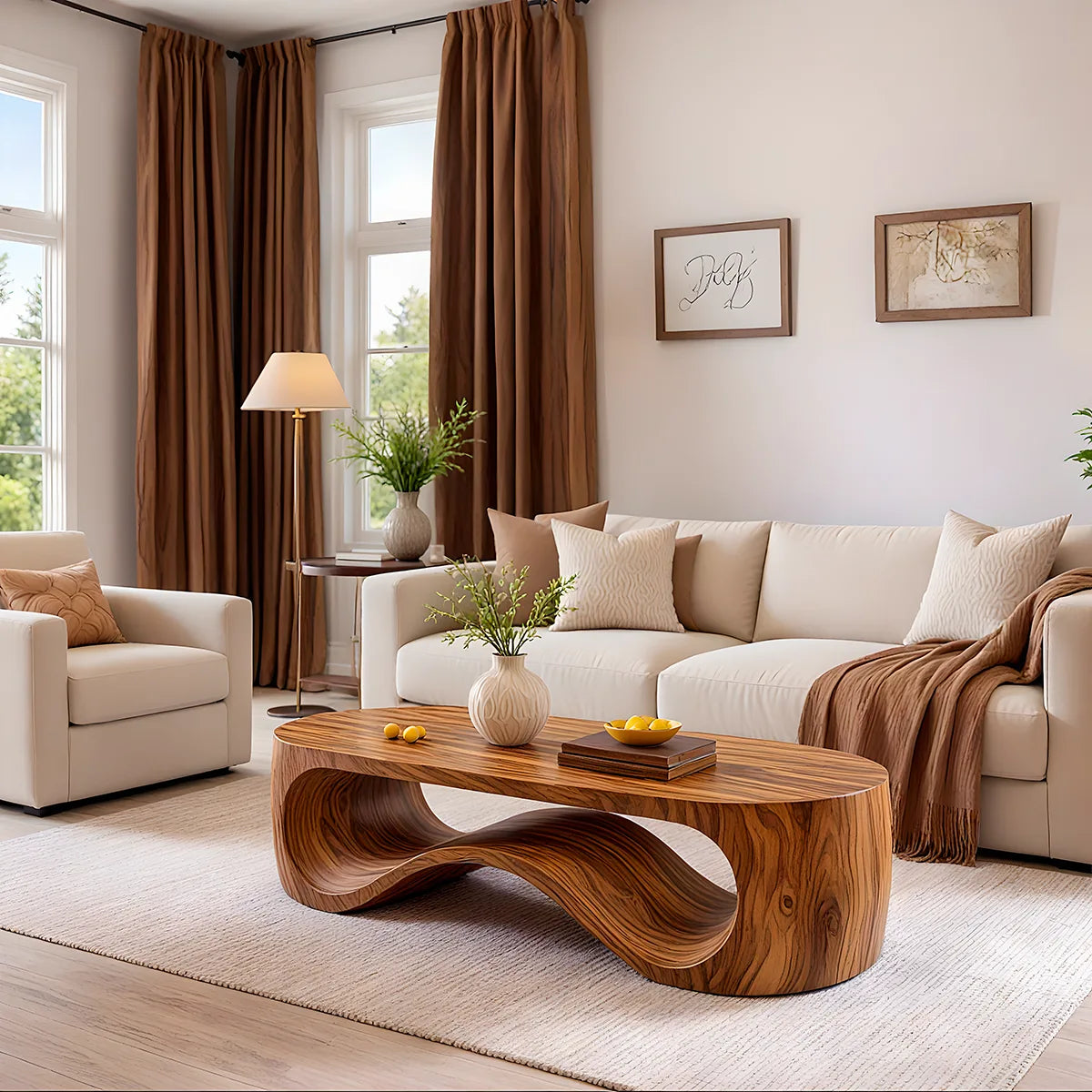 Modern Solid Wood Sculptural Coffee Table with Organic Wave Design