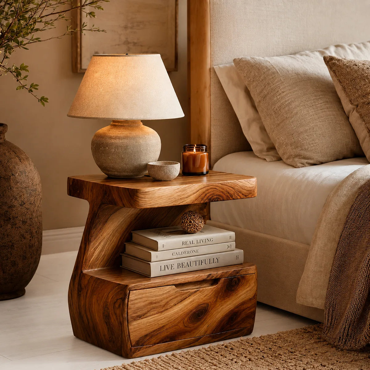 Handcrafted Solid Wood Nightstand Organic Bedside Table with Storage Drawer