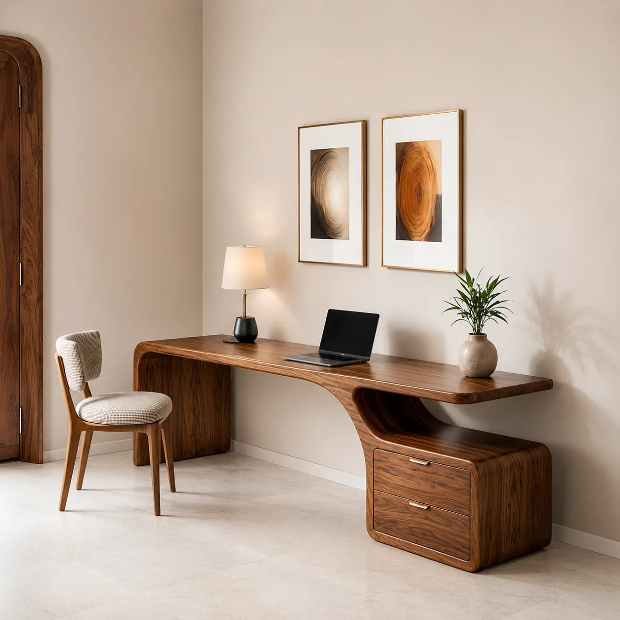 Solid Wood Executive Desk – Modern Organic Curved Writing Desk with Drawers TH003-3280