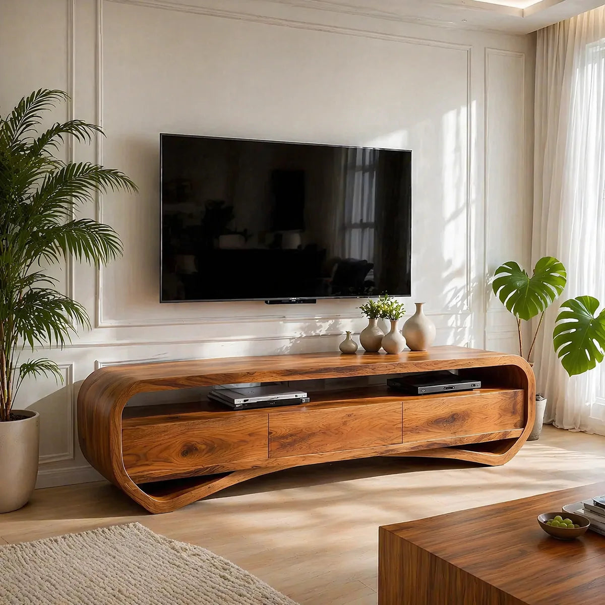 Solid Wood TV Stand with Curved Open Shelves and 3 Drawers