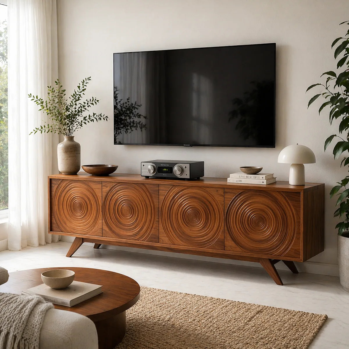 Mid Century Modern Solid Wood Carved Door TV Stand