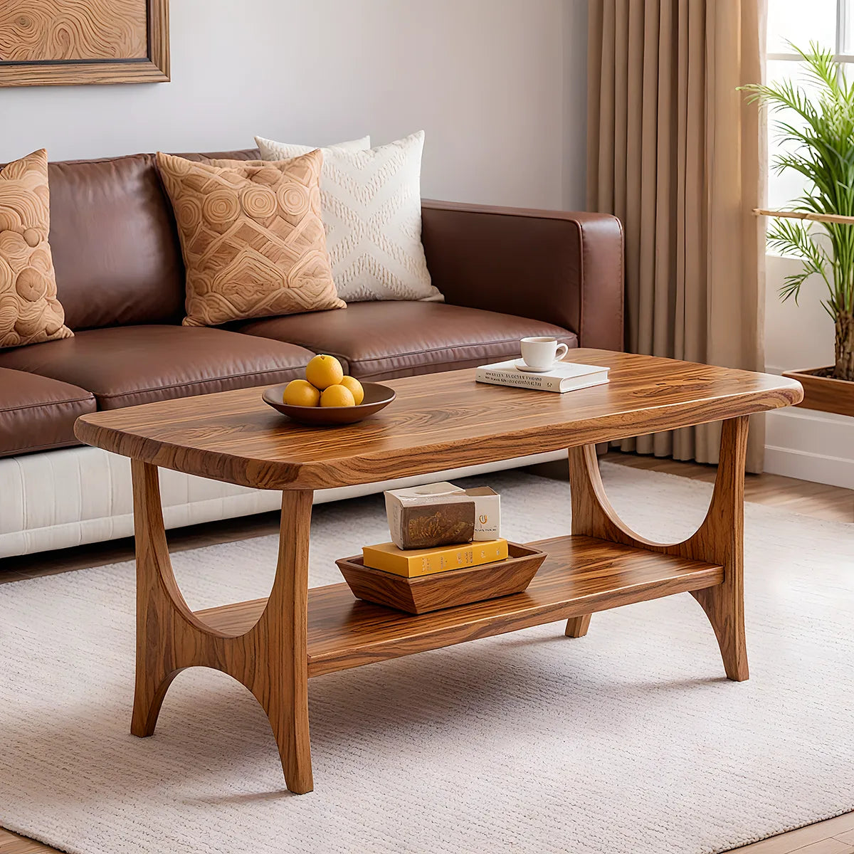 Mid Century Modern Solid Wood Rectangular Two Tier Coffee Table
