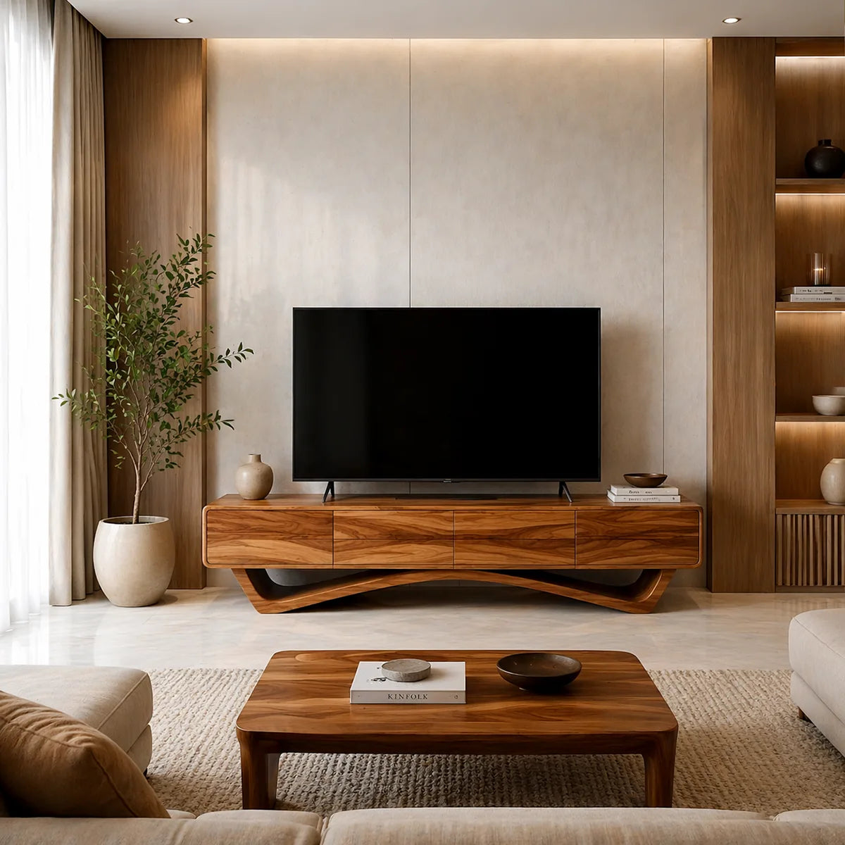 Modern Solid Wood TV Stand with Sculptural Sweeping Base