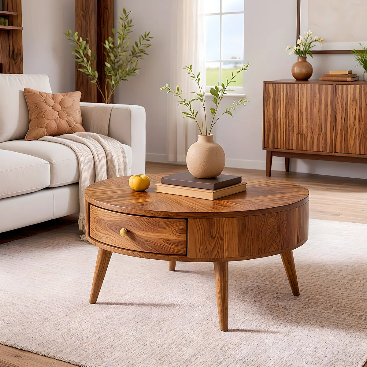 Mid Century Modern Solid Wood Round Drum Coffee Table with Drawer