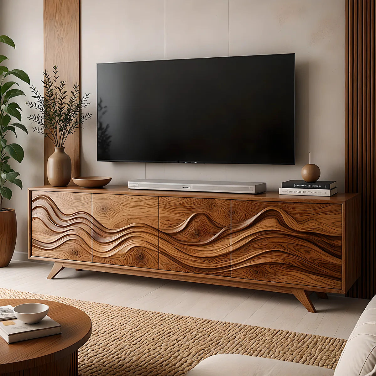 Mid-Century Modern Solid Wood TV Stand with Cabinet and Open Shelving