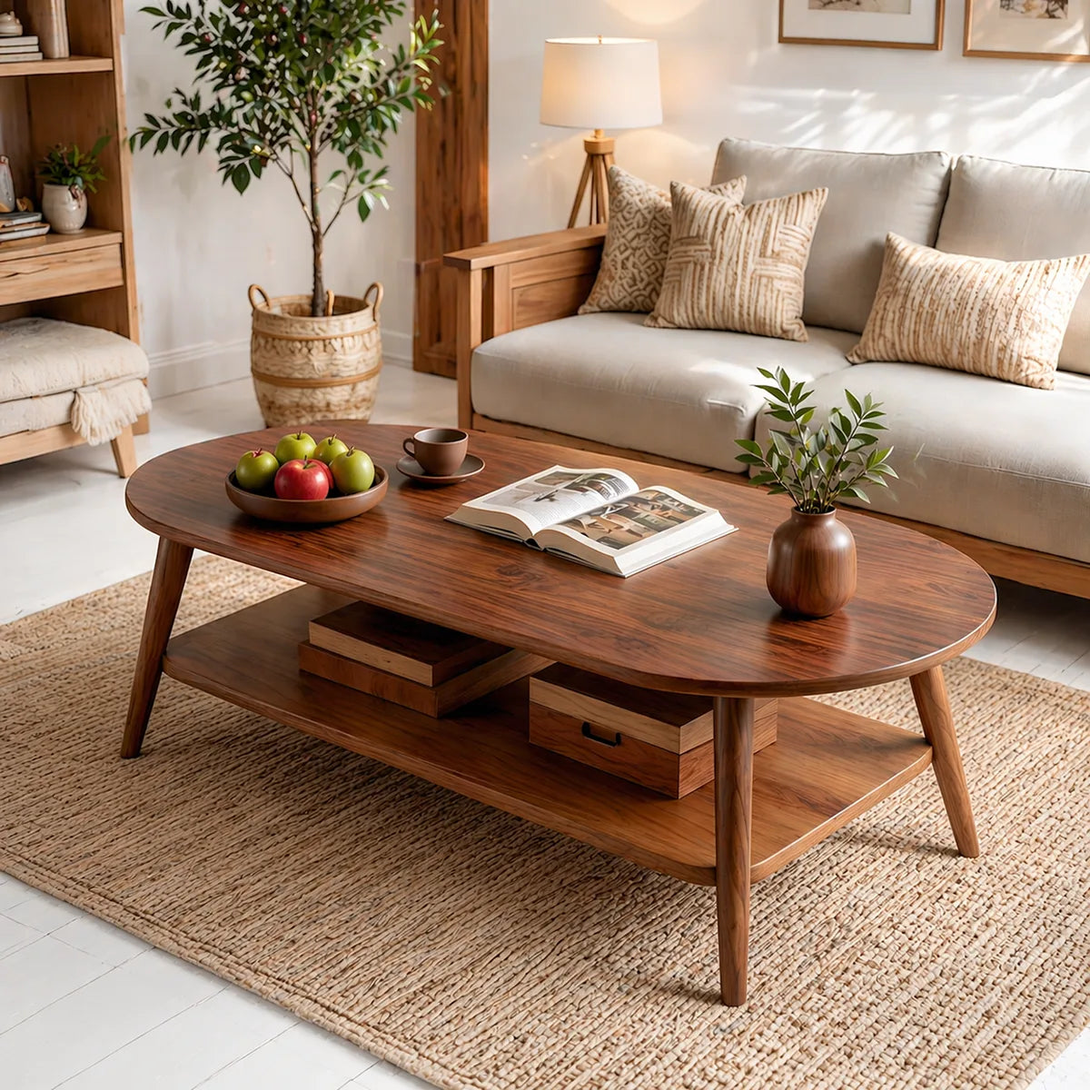 Mid Century Modern Solid Wood Two Tier Oval Coffee Table