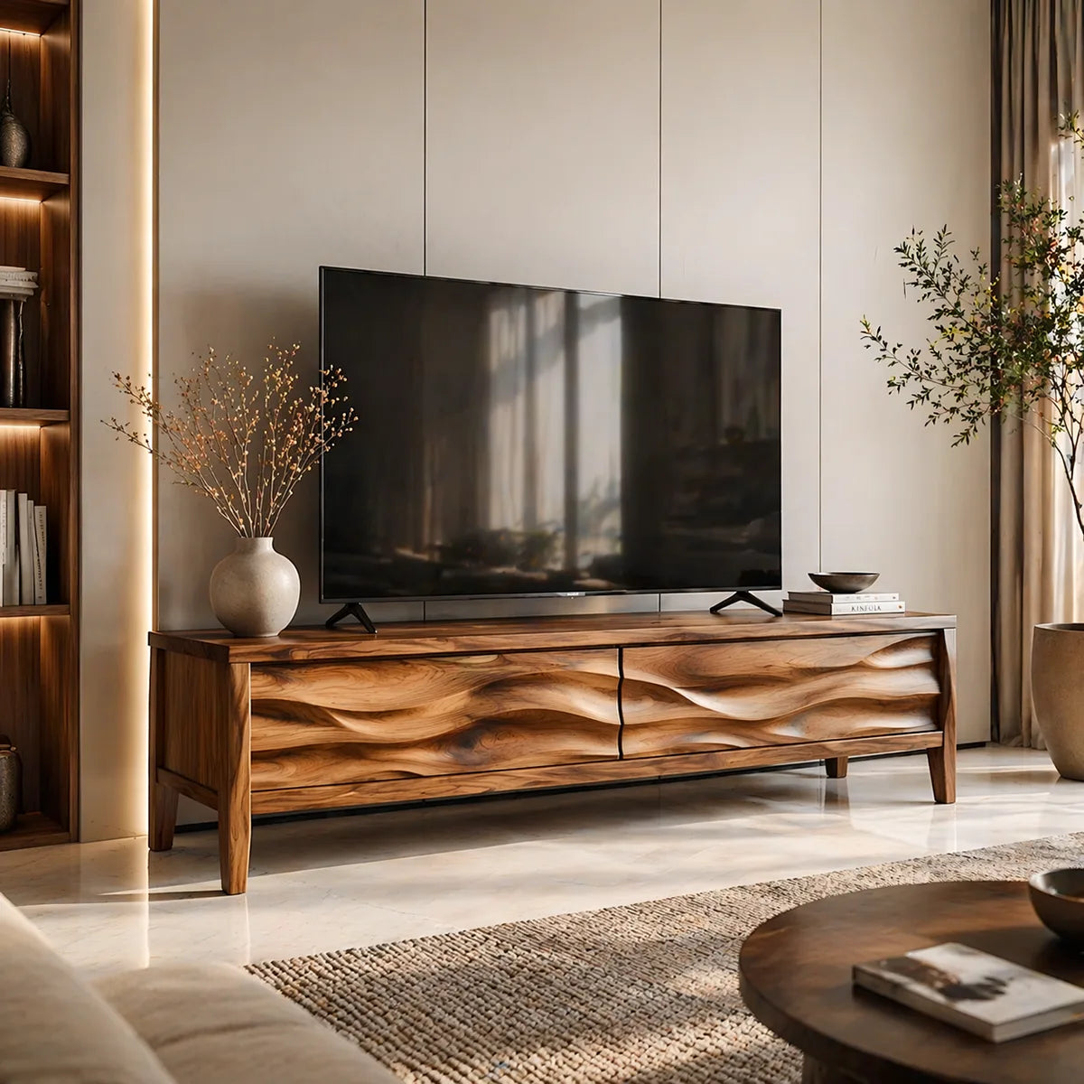 Modern Solid Wood 3D Wavy Carved TV Stand