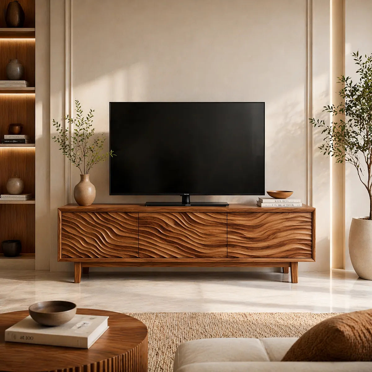 Modern Solid Wood Three Door Wavy Carved TV Stand