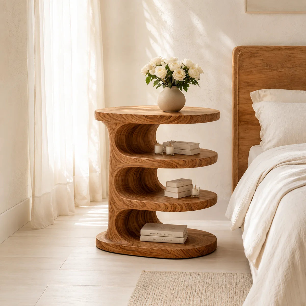 Handcrafted Solid Wood Round Nightstand Organic Open Shelf Bedside Table
