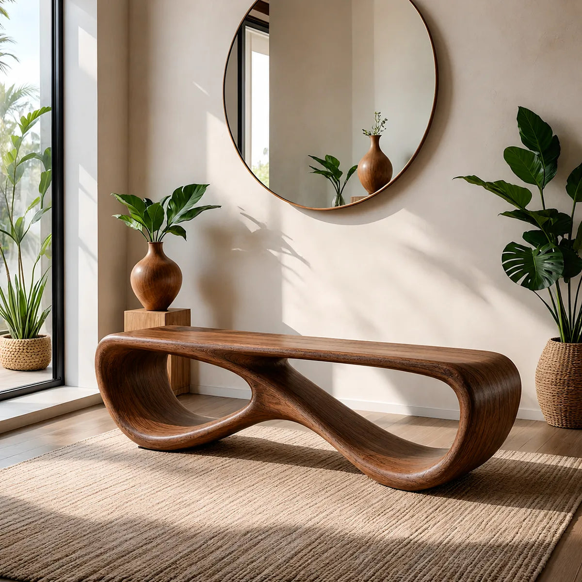 Organic Sculptural Solid Wood Bench for Modern Living Room and Entryway