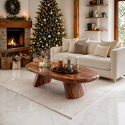 Modern Solid Wood Oval Coffee Table with Sculptural Pedestal Legs