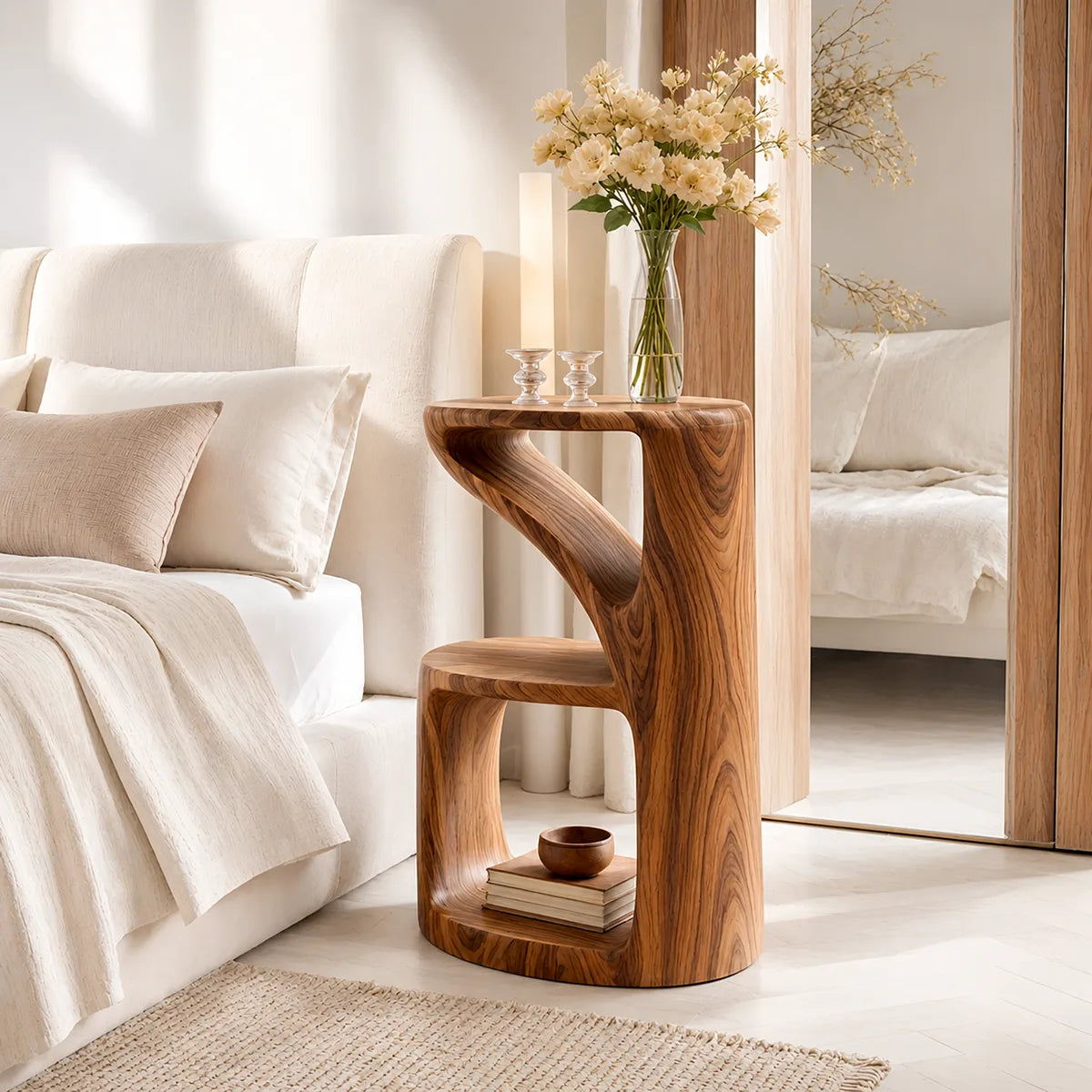 Handcrafted Solid Wood Side Table Sculptural Open Shelf Accent Table