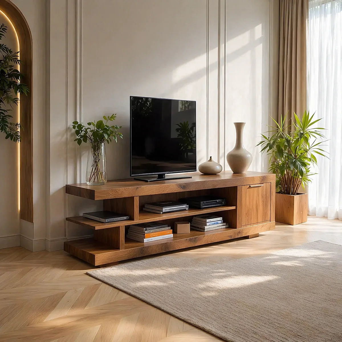 Solid Wood TV Cabinet with Open Shelves and Side Door Storage