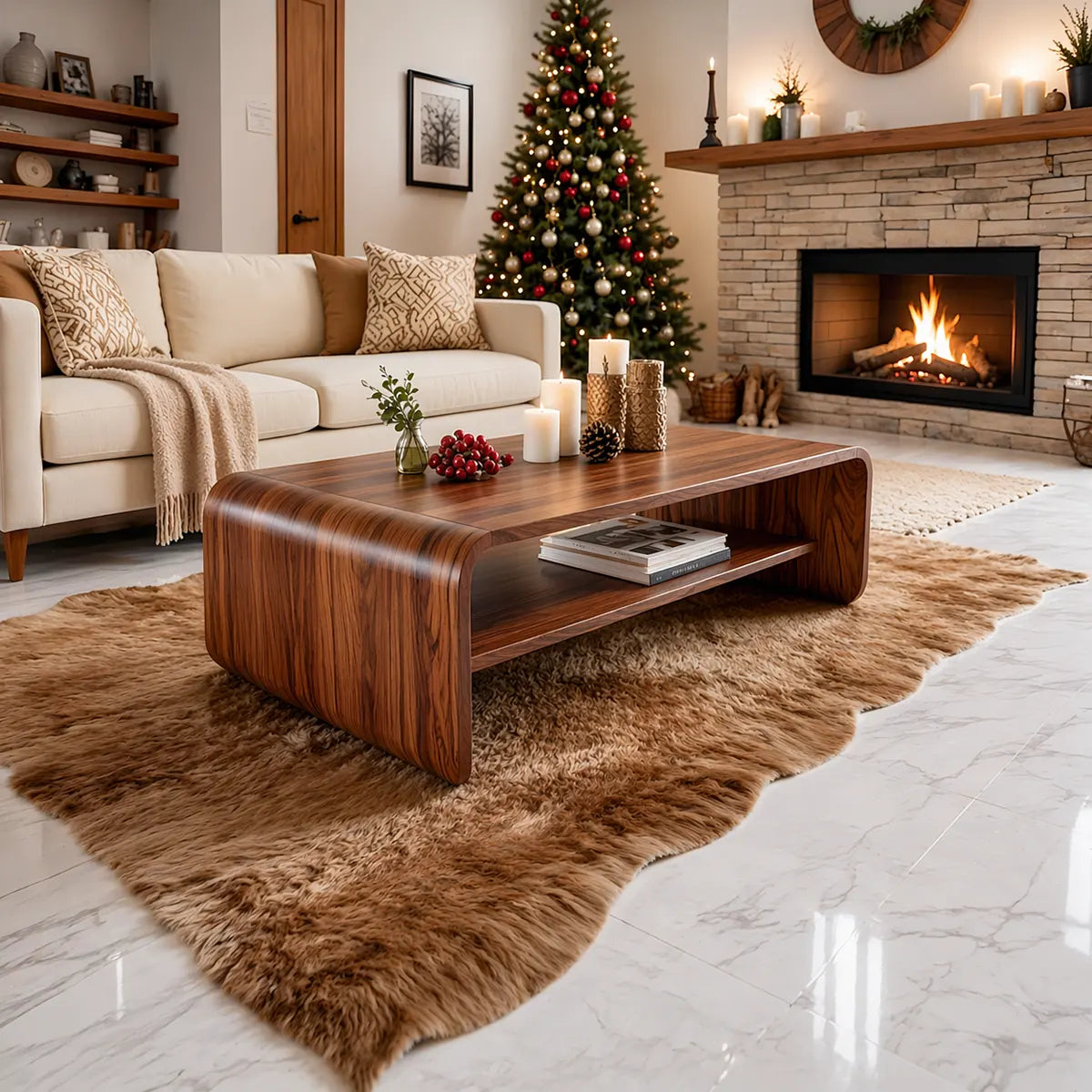 Modern Solid Wood Waterfall Coffee Table with Storage Shelf