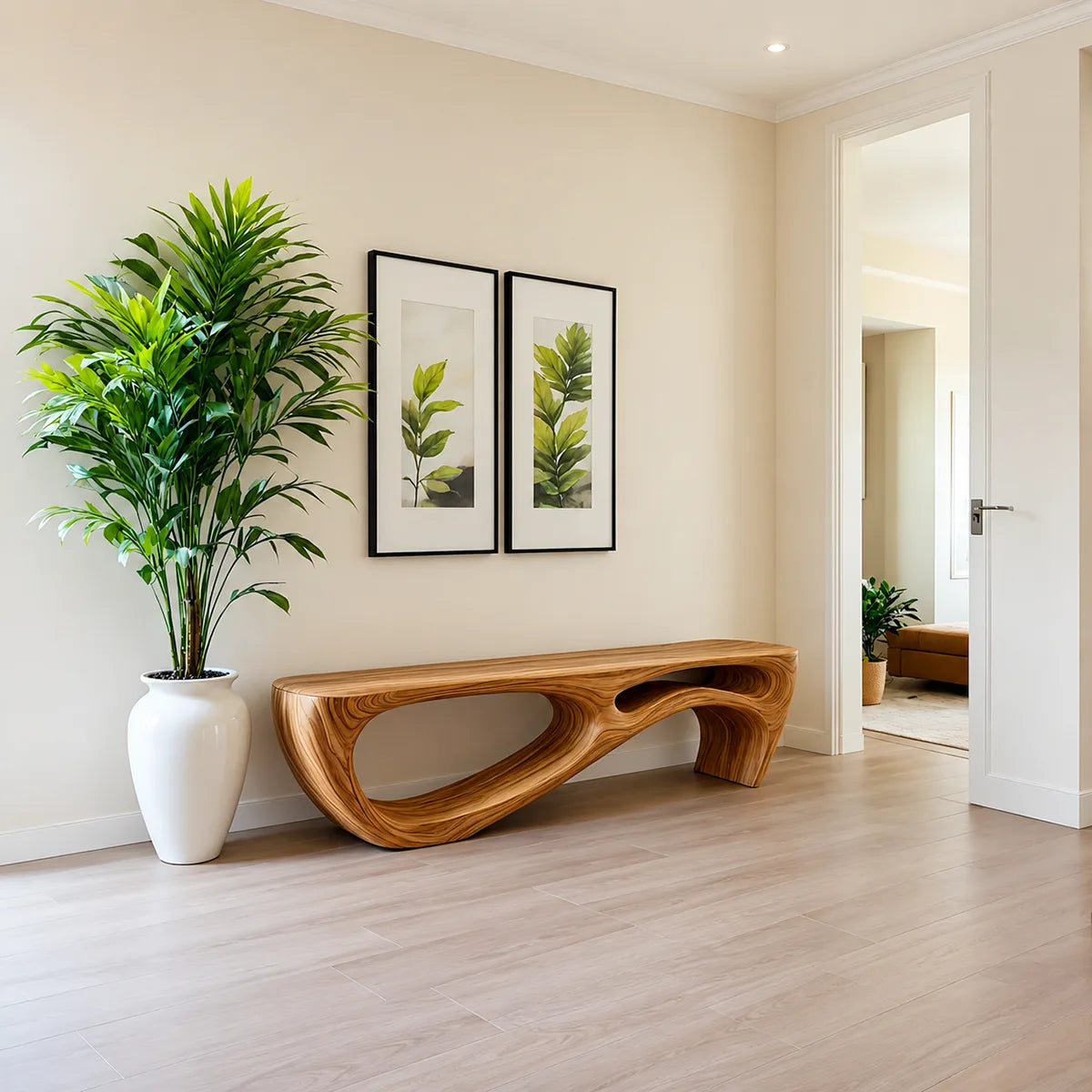 Organic Sculptural Solid Wood Bench for Modern Entryway and Contemporary Living Spaces