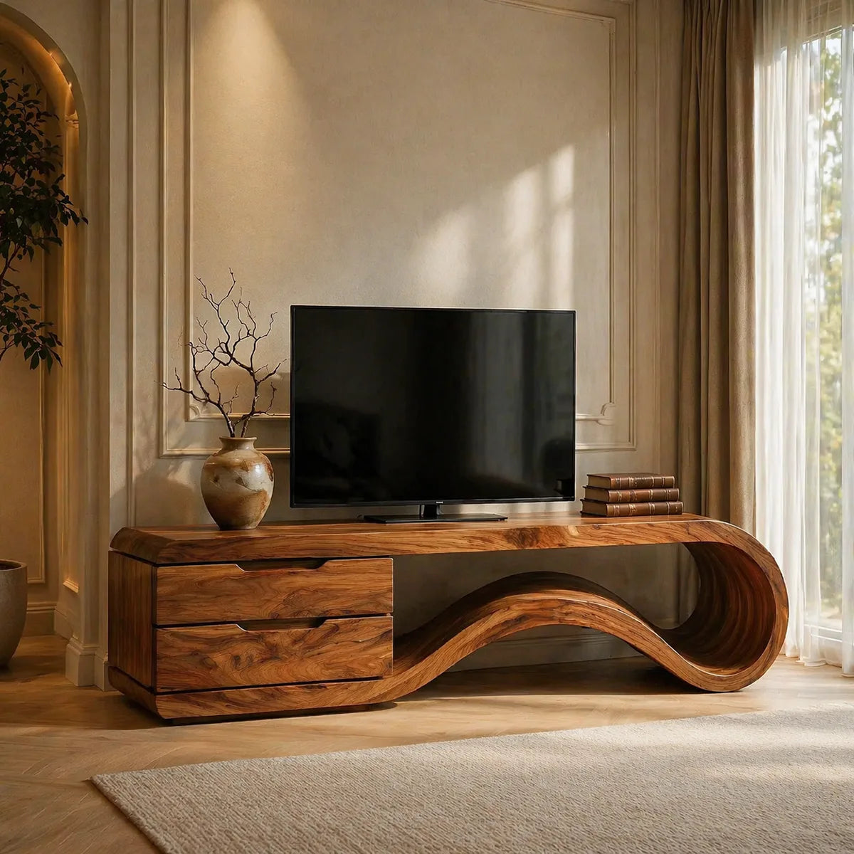 Solid Wood TV Console with Sculptural Wave Shelf and 2 Drawers