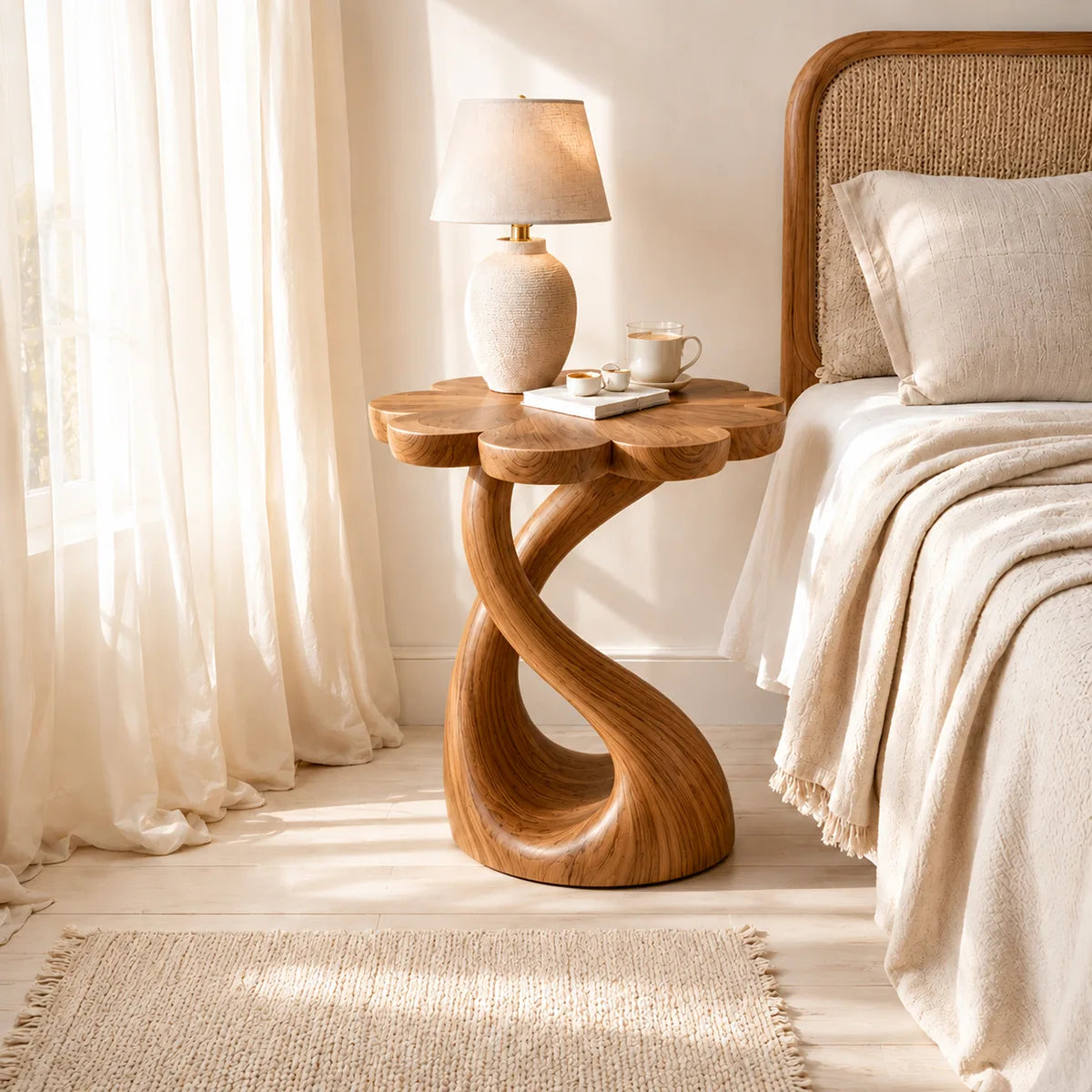 Flower-Shaped Wooden Nightstand With Sculptural Twisted Base