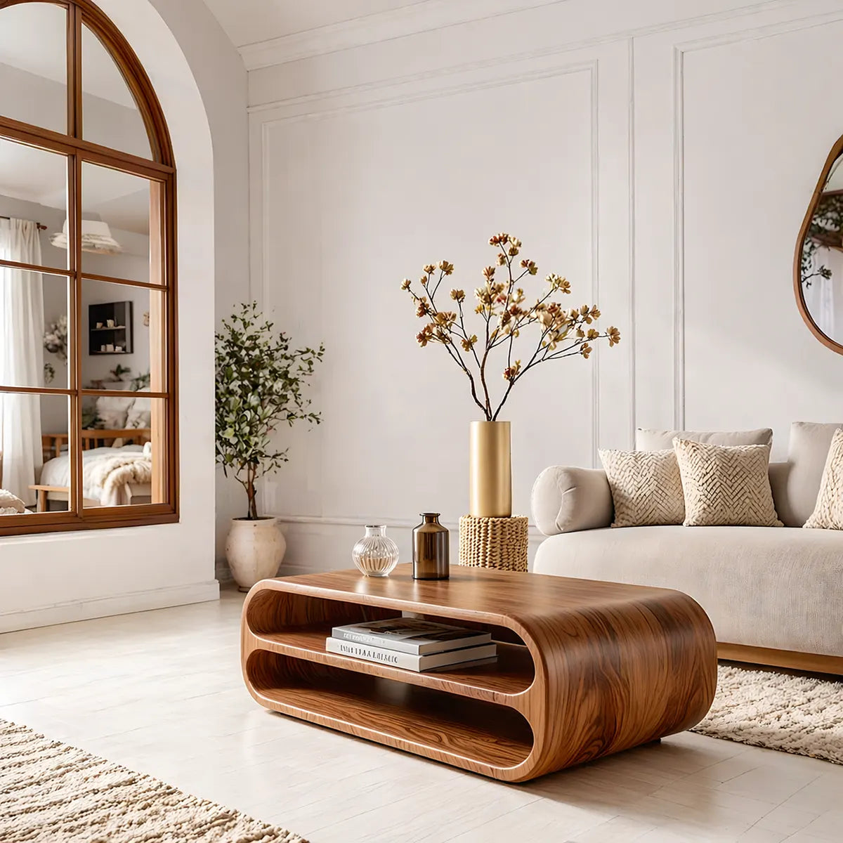 Modern Solid Wood Rounded Coffee Table with Double Open Storage