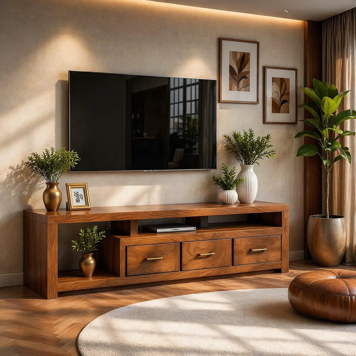 Solid Wood TV Stand with Open Shelves and 3 Drawers