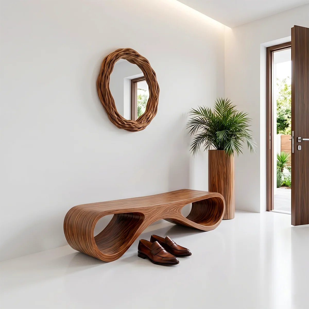 Organic Sculptural Solid Wood Entryway Bench for Modern Minimalist Hallway Interiors