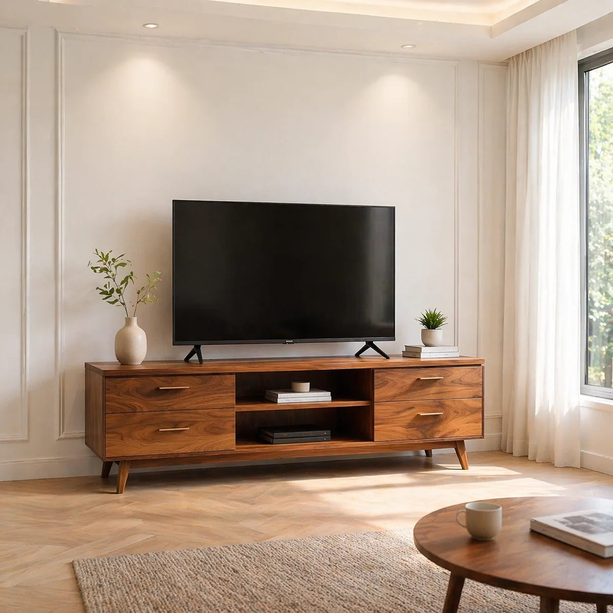 Solid Wood TV Stand with 4 Drawers and Open Center Shelves