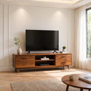 Solid Wood TV Stand with 4 Drawers and Open Center Shelves