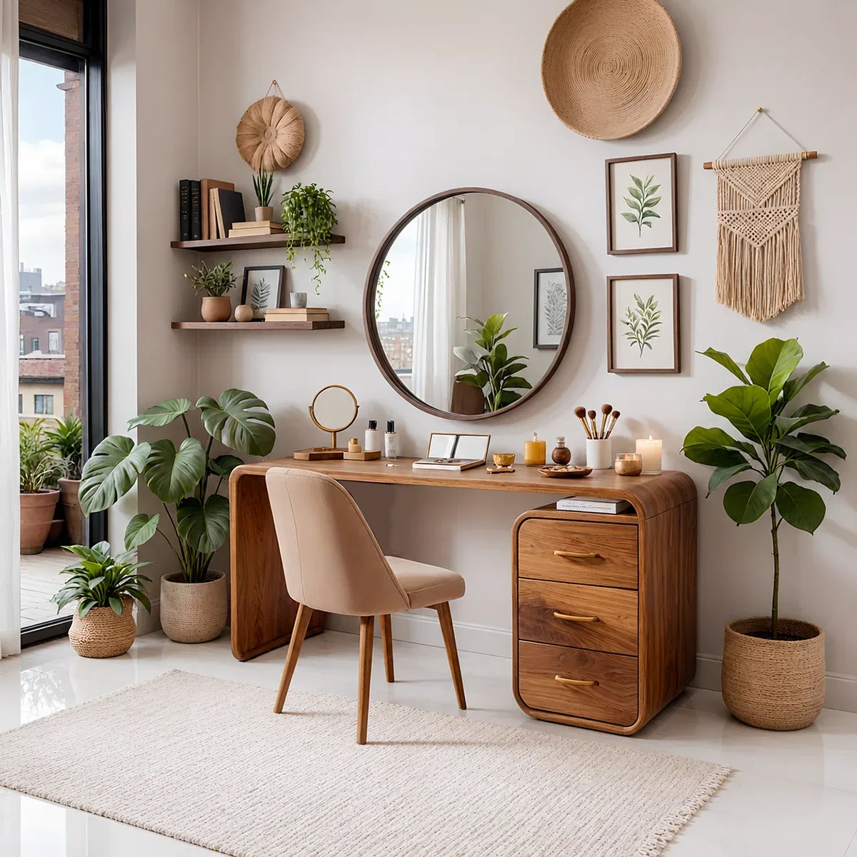 Curved Solid Wood Vanity Desk with Drawer Storage